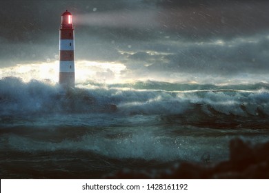 Glowing Lighthouse during heavy storm 