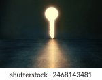 Glowing lights key shaped hole in dark empty room. Mystical and symbolic concept