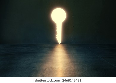 Glowing lights key shaped hole in dark empty room. Mystical and symbolic concept