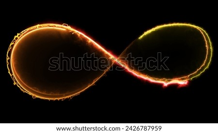 Glowing looping infinity shape neon frame effect, black background.