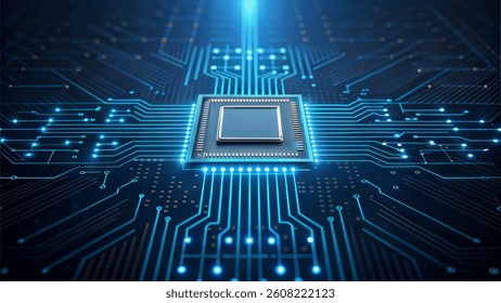 Glowing Microchip on Circuit Board, Digital Technology Concept