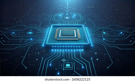 Glowing Microchip on Circuit Board, Digital Technology Concept