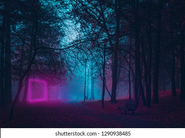 Glowing neon light. Stranger Forest. Neon portal. Retro style. Retrowave. Mystical atmosphere. Paranormal another world. Mysterious park in a fog. Bench in the forest for thought.
