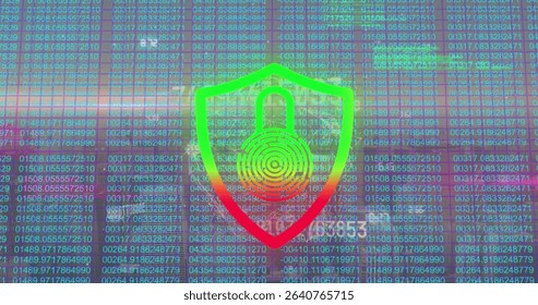 Glowing neon-gradient shield icon showing padlock hovering over data dashboard, with scrolling code. Cybersecurity, protection, digital, futuristic, interface, technology, innovation