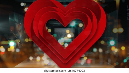Glowing nested red hearts reflecting on mirror on street at night with bokeh effects code overlays. Romance, urban, neon, abstract, digital, layered, reflective
