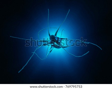 Glowing neuron cell on abstract blue background. Brain health and brain disease concept.