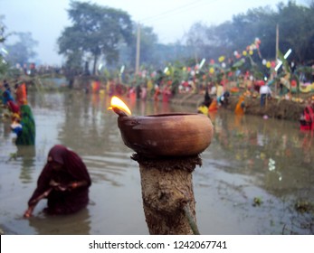 Glowing Oil Lamp In Chath Puja