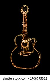 Glowing Orange Outline Of An Acoustic Guitar On A Black Background. Freeze Light Photo