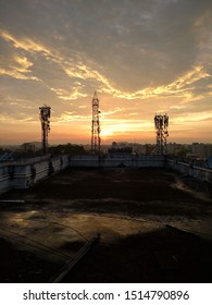 Glowing Orange Red Clouds Sky Terrace Rooftop Communication Tower Cell Towers Night Sky