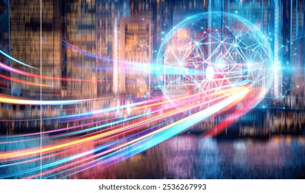 A glowing orb of interconnected lines and nodes sits in front of a city skyline, with streaks of colorful light shooting outwards.