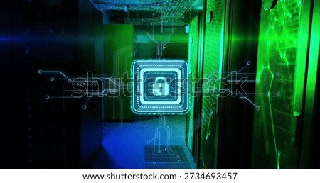 Glowing padlock icon hovering over data center corridor, projecting circuit overlay toward racks. Lock, cybersecurity, encryption, firewall, servers, serverroom, networking