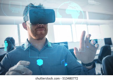 Glowing planet with figures on black background against businessman using virtual reality simulator - Shutterstock ID 513480772