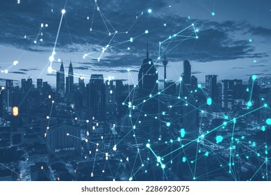 Glowing polygonal coding mesh on blurry city backdrop. Technology and pattern concept. Double exposure