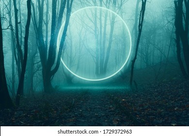 A glowing, portal, gateway floating above a track in a spooky misty winter forest, Science fiction concept. - Powered by Shutterstock