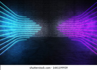 glowing purple and blue neon with concentrate floor and brick wall