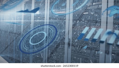Glowing rack servers revealing circuit board art in data center corridor, with holographic rings. Futuristic, technology, innovation, digital, sci-fi, industrial, sleek