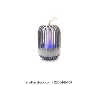 Glowing Rechargeable Mosquito Killer Lamp Isolated On White Background. Bug Zapper With USB Power Supply, Clipping Path And Copy Space