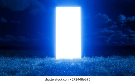 Glowing rectangular doorway floating on grass field at night with blue sky and clouds in the background, creating a mysterious and surreal atmosphere