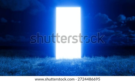 Glowing rectangular doorway floating on grass field at night with blue sky and clouds in the background, creating a mysterious and surreal atmosphere