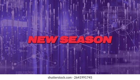 Glowing red 'NEW SEASON' text anchoring cyber backdrop, with translucent nodes, lines, code streams. Technology, digital, network, data, innovation, futuristic, abstract
