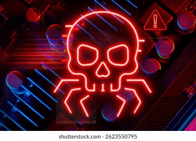 A glowing red skull with spider legs on a circuit board, warning symbol, and injected payload code symbolizes cybersecurity threats and data breaches.