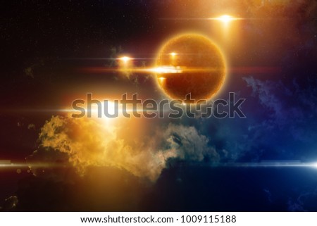 Glowing red UFO, extraterrestrial spherical life form fly in dark night sky. Elements of this image furnished by NASA