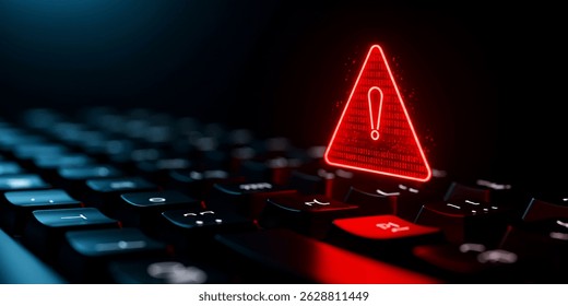 A glowing red warning triangle hovers over a keyboard, signaling a cyber attack. The dramatic lighting enhances the sense of urgent danger.