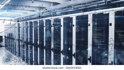 Glowing server cabinets flashing LEDs in data center aisle, showing floating equations and cables. Technology, data, network, infrastructure, analytics, cybersecurity, digital