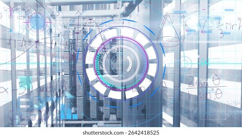 Glowing server cabinets reflecting floor in data center corridor, showing holographic overlays. Futuristic, technology, data, network, digital, cyber, innovation