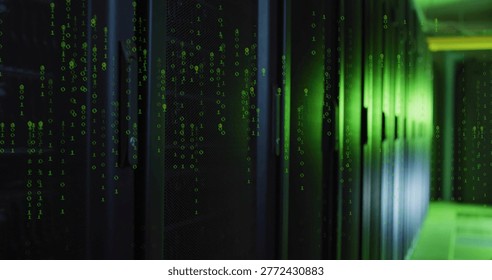 Glowing server rack row emitting green LED light down data center corridor, with binary overlay. Neon, cyber, futuristic, industrial, cabinetry, circuitry, moody - Powered by Shutterstock - Get 15% off with code: PIKWIZARD15