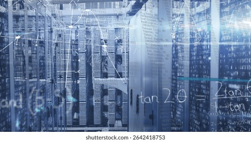 Glowing server racks emitting blue light in data center, with network cables and code overlays. Technology, cybersecurity, network, digital, innovation, industry, data