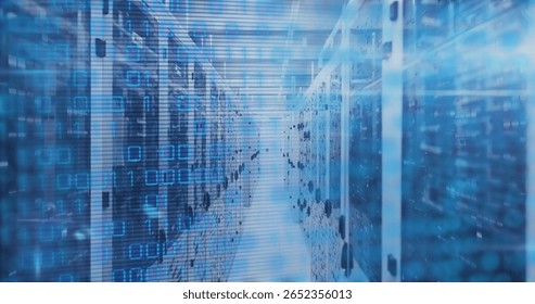 Glowing server racks illuminating narrow data center corridor, with floating binary code overlay. Technology, data, cybersecurity, infrastructure, digital, network, automation - Powered by Shutterstock - Get 15% off with code: PIKWIZARD15