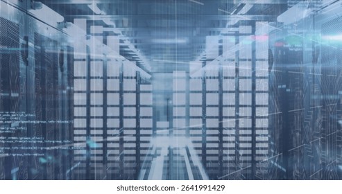 Glowing server racks lining data center corridor with LED status lights and holographic overlays. Futuristic, high-tech, digital, cybersecurity, modern, network, innovation