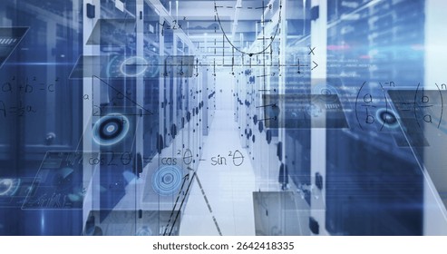 Glowing server racks with perforated doors displaying holographic overlays in data center corridor. Technology, networking, cybersecurity, digital, modern, infrastructure, innovation