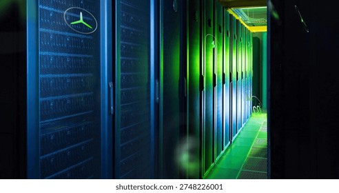 Glowing server racks receding down narrow data center aisle, showing cable trays and vented tiles. Cabinet, cabling, cooling, mesh, perforated, corridor, raised - Powered by Shutterstock - Get 15% off with code: PIKWIZARD15