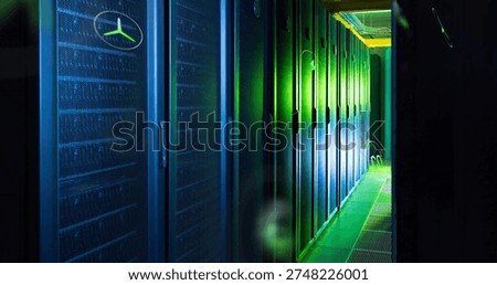 Glowing server racks receding down narrow data center aisle, showing cable trays and vented tiles. Cabinet, cabling, cooling, mesh, perforated, corridor, raised