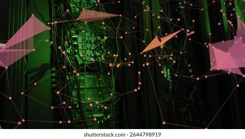 Glowing server racks, switches, cables, LED lights, cable arms in data center under green lighting. Technology, cybersecurity, digital infrastructure, futuristic, industrial, connectivity, efficiency - Powered by Shutterstock - Get 15% off with code: PIKWIZARD15