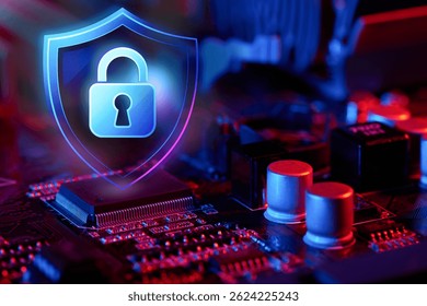 A glowing shield with a padlock on a motherboard illuminated with red and blue light symbolizes cybersecurity and digital data protection.