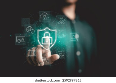 The glowing shield with a padlock symbolizes secure online transactions, data encryption, and the importance of digital security.