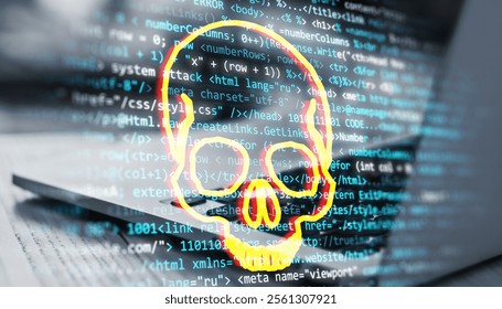 Glowing skull symbol overlaid on digital computer code with a laptop in the background, representing malware, cybersecurity, and hacking warnings