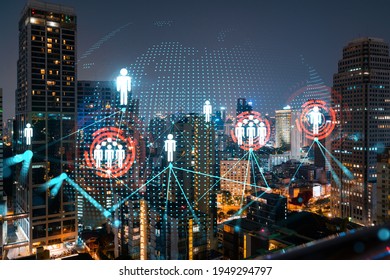 Glowing Social media icons on night panoramic city view of Bangkok, Asia. The concept of networking and establishing new connections between people and businesses. Double exposure. - Shutterstock ID 1949294797