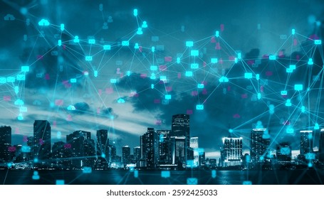 Glowing social network icons connected by lines overlaying a modern city skyline at dusk. Abstract technology and communication concept