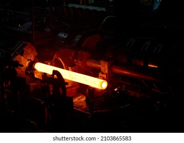 Glowing Steel Tube During Production In A Modern Rolling Mill In The Industry 