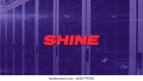 Glowing stylized red SHINE text illuminating data center server room, with rack-mounted servers. Technology, data center, cybersecurity, digital infrastructure, futuristic, networking, innovation