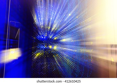 glowing thread cables in the disk storage supercomputer data center
