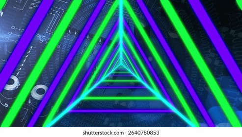 Glowing triangular frames receding into digital tunnel, with binary, schematic and circuit traces. Futuristic, cyberpunk, neon, tech, digital, abstract, virtual