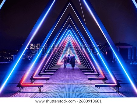 A glowing tunnel of triangles warps perception. Blurred figures drift like spectral dogs or people through a lucid dream, echoing LSD 's kaleidoscopic hallucinations and altered states of reality