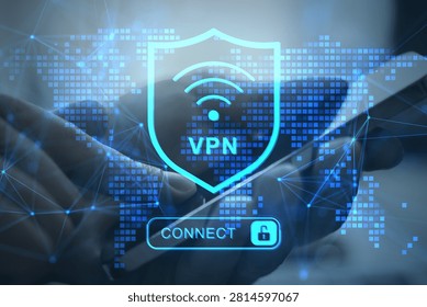 Glowing vpn shield and connect button over world map in modern digital style on blue background, concept of secure connection and internet privacy