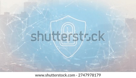 Glowing white shield with padlock hovering above muted skyline, with network mesh and glowing dots. Lock, emblem, cybersecurity, cityscape, connections, gradient, vector