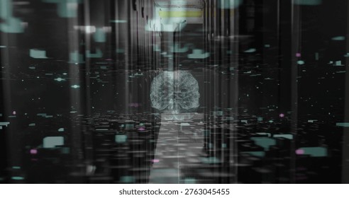 Glowing wireframe brain pulsing and streaming data through future server corridor with teal tiles. Holographic, neural, cybernetic, neon, grid, volumetric, motion - Powered by Shutterstock - Get 15% off with code: PIKWIZARD15